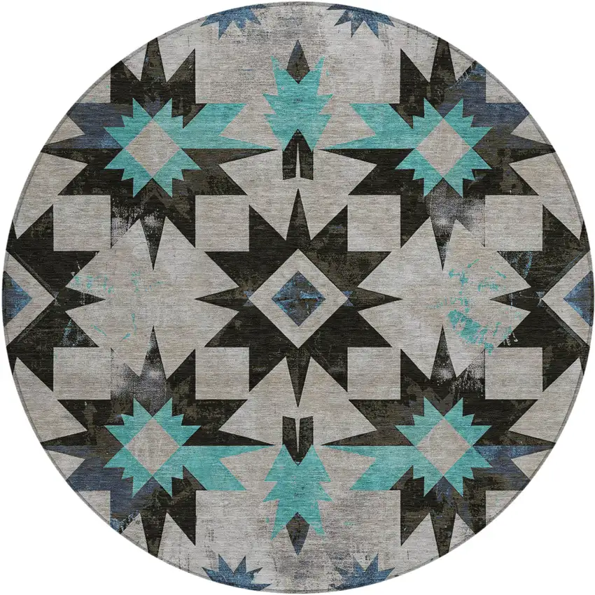 8' Black And Pale Aqua Round Aztec Washable Indoor Outdoor Area Rug Photo 1