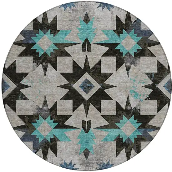 8' Black And Pale Aqua Round Aztec Washable Indoor Outdoor Area Rug Photo 3
