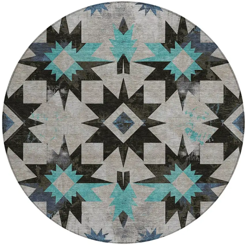 8' Black And Pale Aqua Round Aztec Washable Indoor Outdoor Area Rug Photo 3