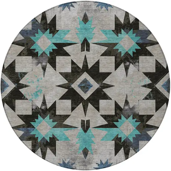 8' Black And Pale Aqua Round Aztec Washable Indoor Outdoor Area Rug Photo 4