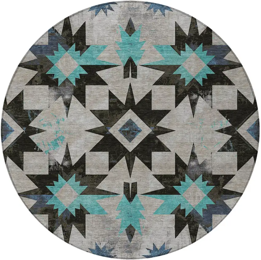 8' Black And Pale Aqua Round Aztec Washable Indoor Outdoor Area Rug Photo 4