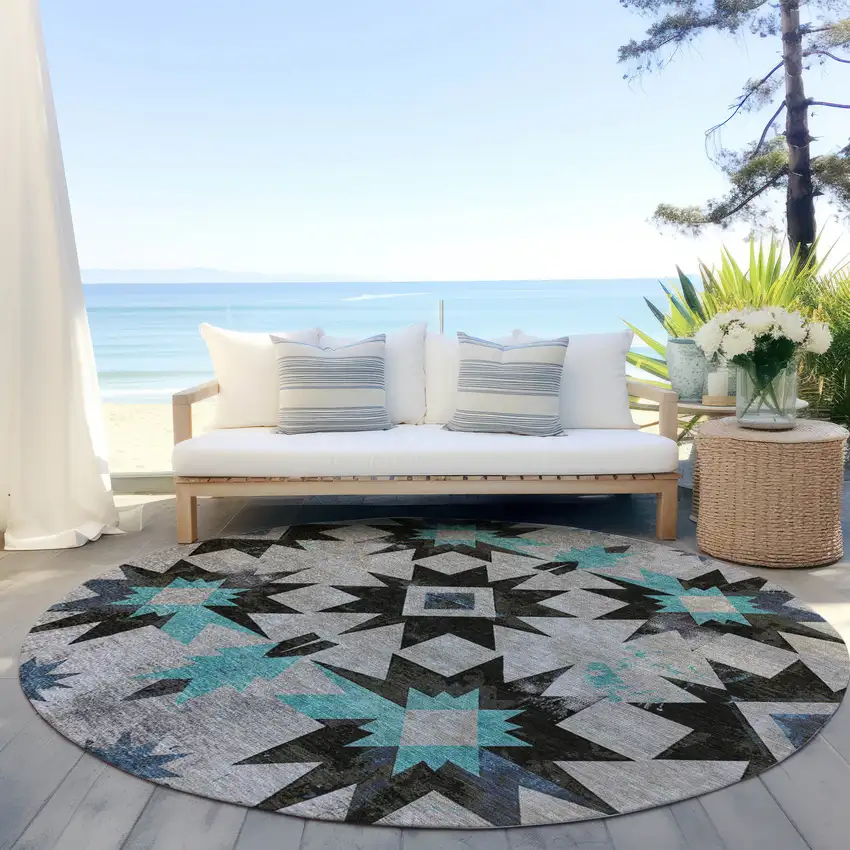 8' Black And Pale Aqua Round Aztec Washable Indoor Outdoor Area Rug Photo 5
