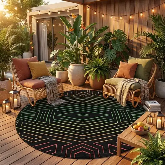 8' Black And Purple Round Geometric Washable Indoor Outdoor Area Rug Photo 1