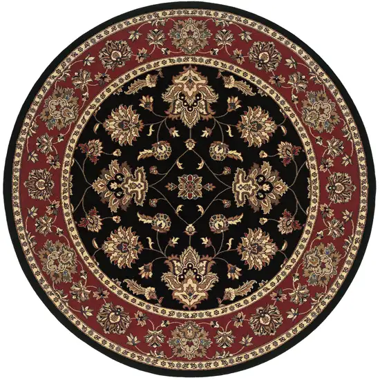 8' Black And Red Floral Round Rug Photo 5