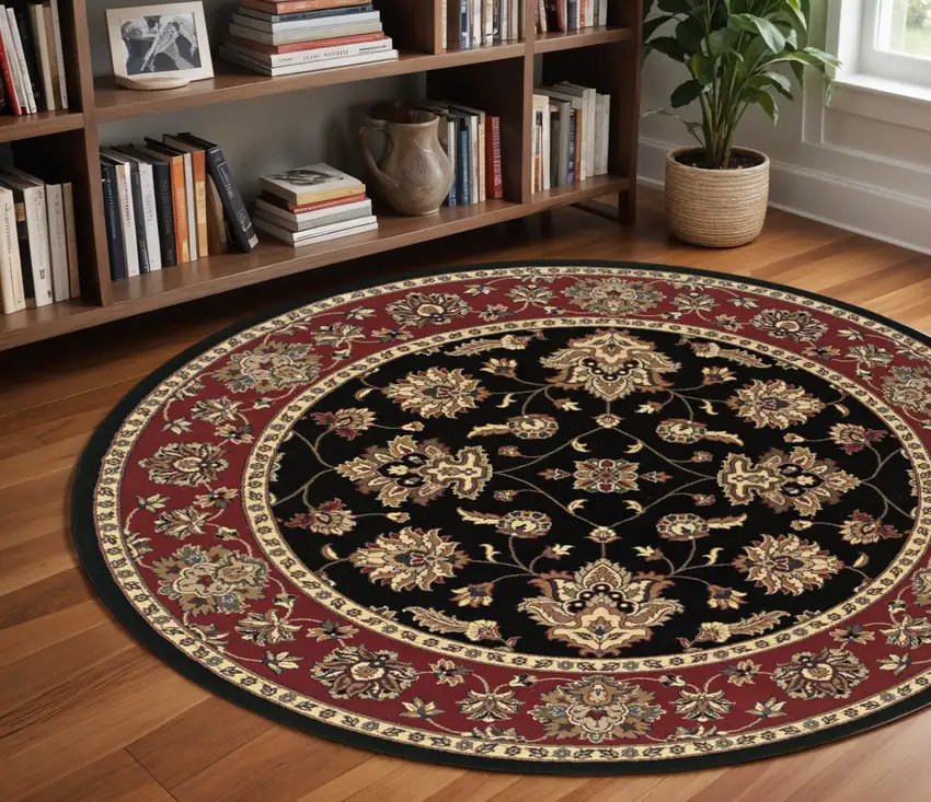 8' Black And Red Floral Round Rug Photo 1