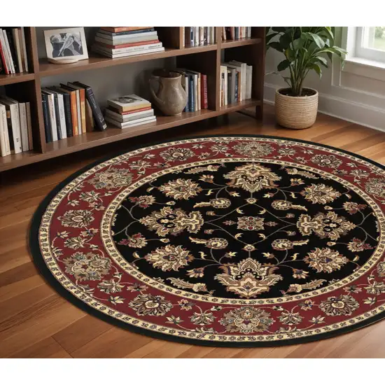 8' Black And Red Floral Round Rug Photo 1