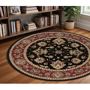 Photo of 8' Black And Red Floral Round Rug