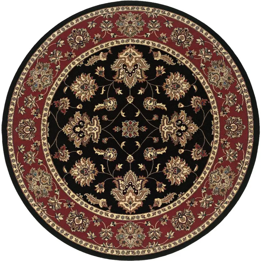 8' Black And Red Floral Round Rug Photo 4