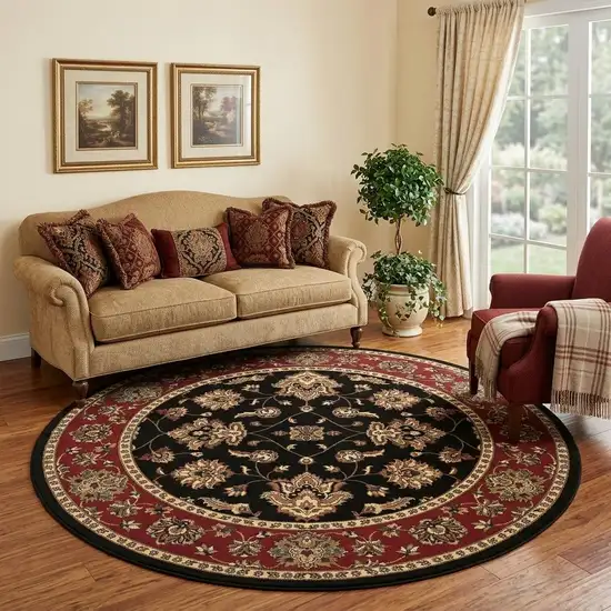 8' Black And Red Floral Round Rug Photo 1