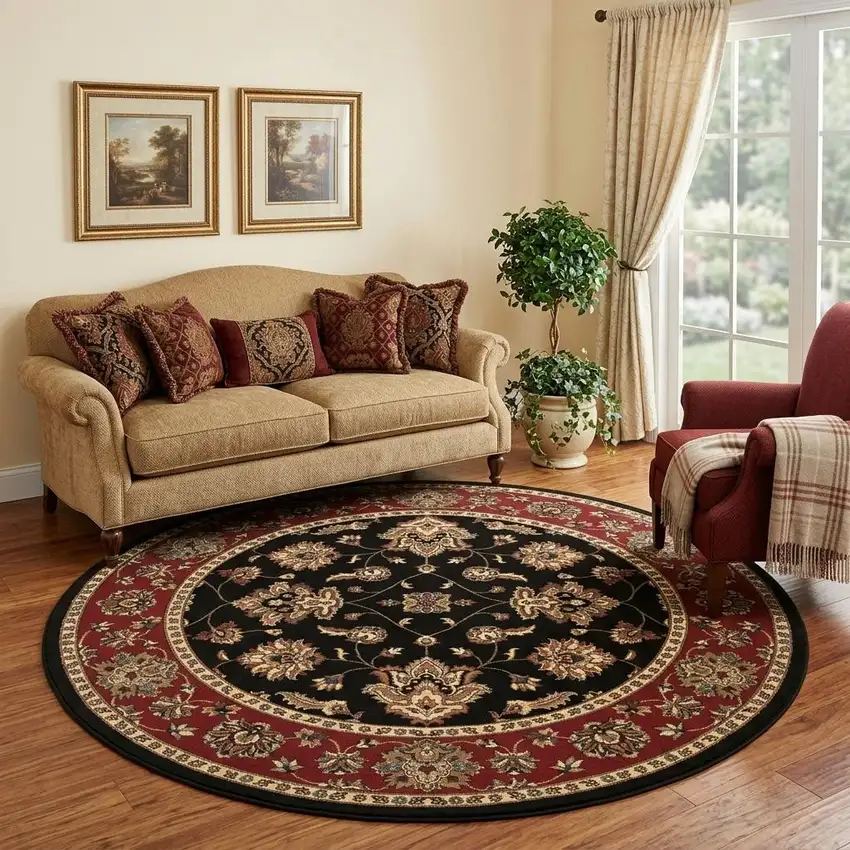 8' Black And Red Floral Round Rug Photo 1