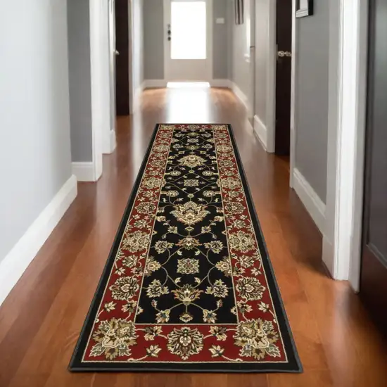 8' Black And Red Floral Runner Rug Photo 1