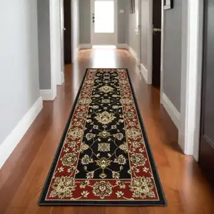 Photo of 8' Black And Red Floral Runner Rug