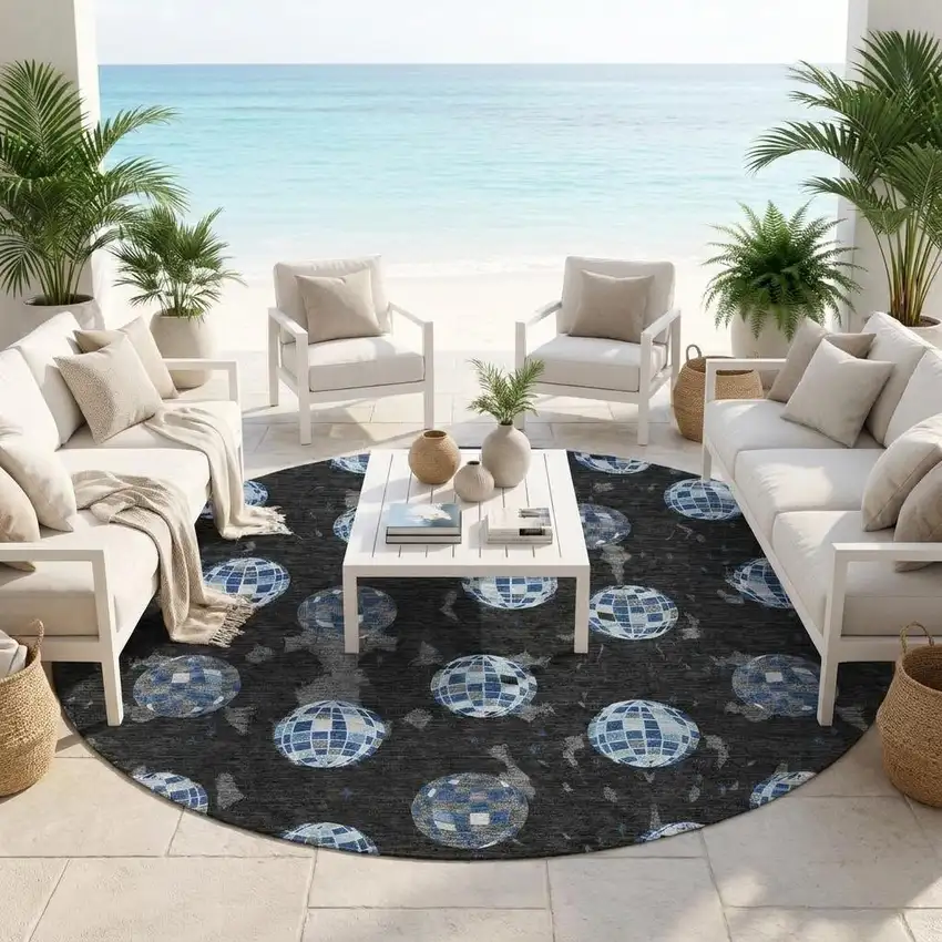 8' Black And Red Round Geometric Washable Indoor Outdoor Area Rug Photo 1