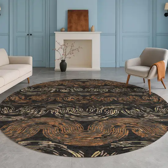 8' Black And Rust Round Abstract Washable Indoor Outdoor Area Rug Photo 5
