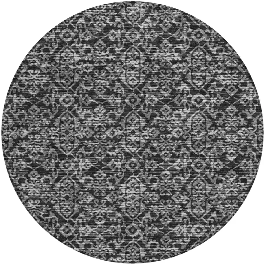 8' Black And Saffron Round Oriental Washable Indoor Outdoor Area Rug Photo 2