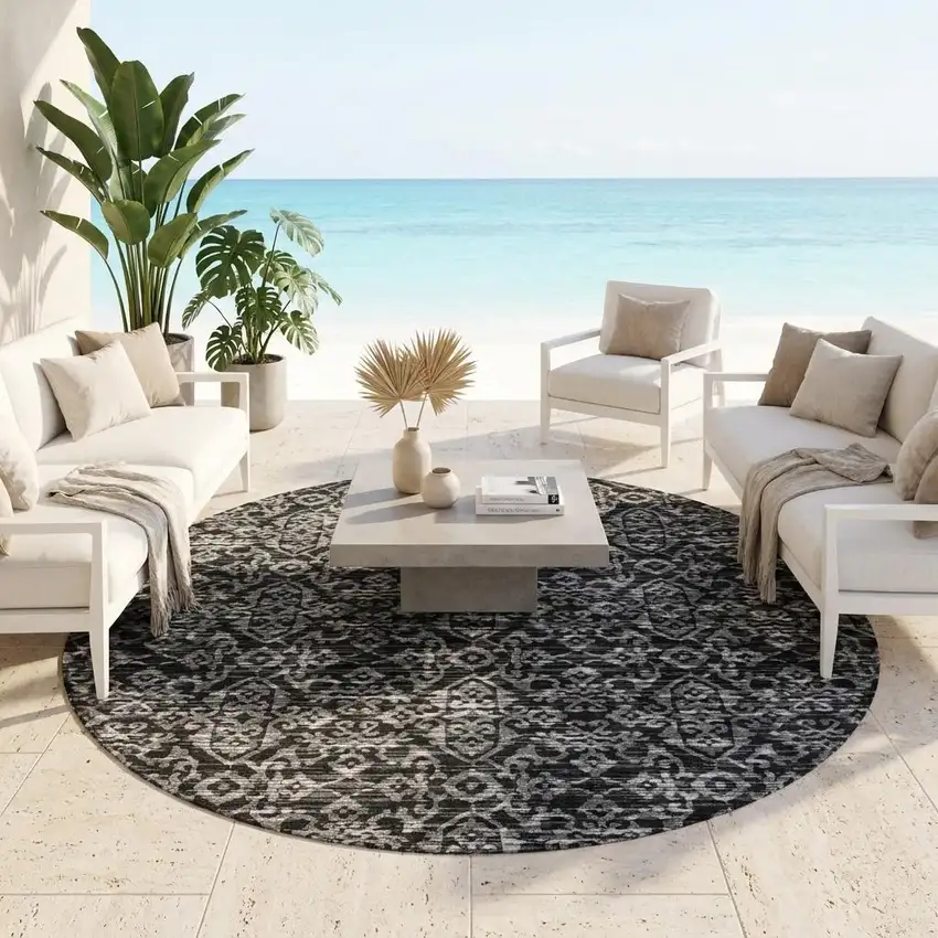8' Black And Saffron Round Oriental Washable Indoor Outdoor Area Rug Photo 1