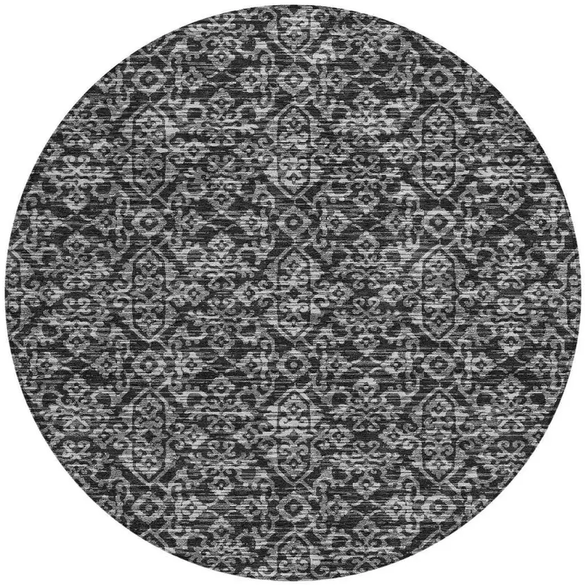 8' Black And Saffron Round Oriental Washable Indoor Outdoor Area Rug Photo 4