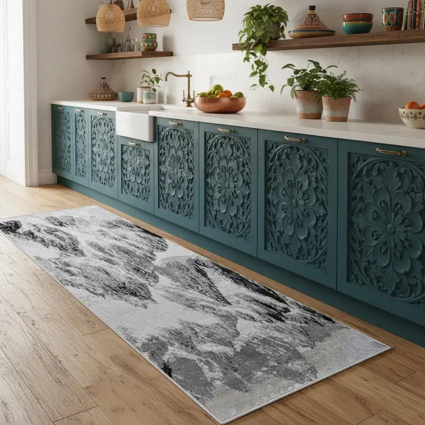 8' Black And Silver Abstract Runner Rug Photo 1