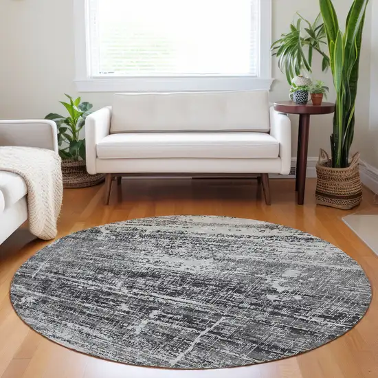 8' Black And Silver Abstract Washable Round Rug With UV Protection Photo 4