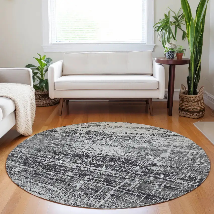 8' Black And Silver Abstract Washable Round Rug With UV Protection Photo 4