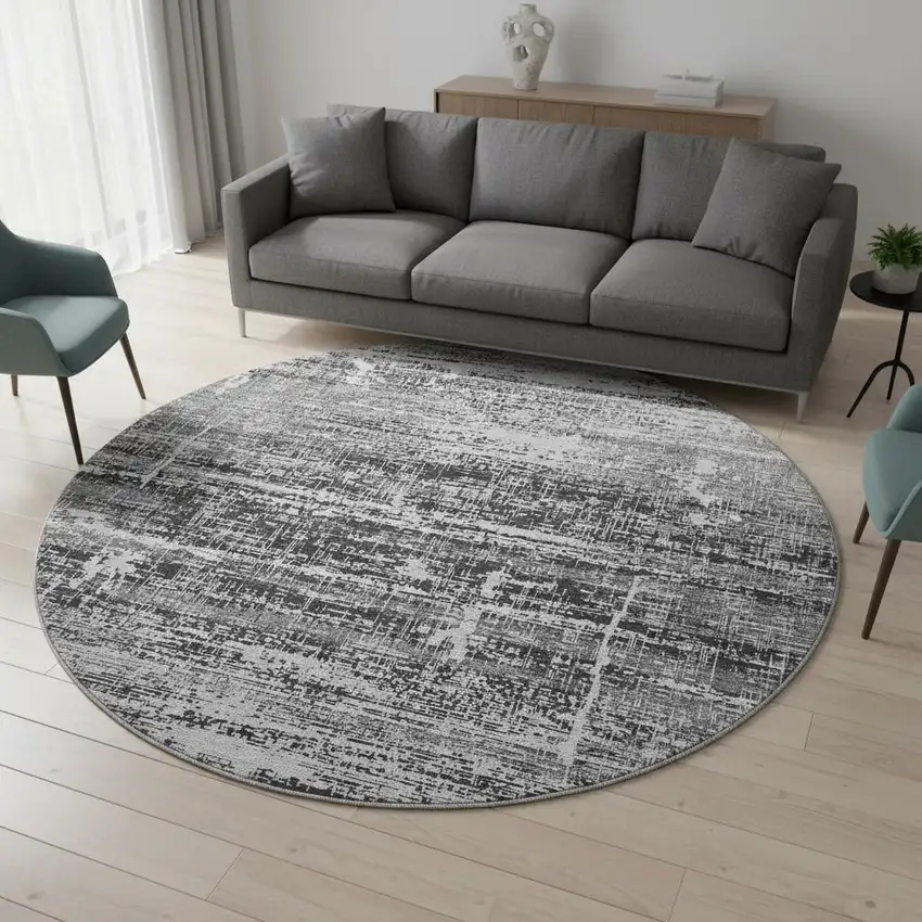 8' Black And Silver Abstract Washable Round Rug With UV Protection Photo 2