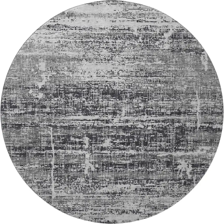 8' Black And Silver Abstract Washable Round Rug With UV Protection Photo 3