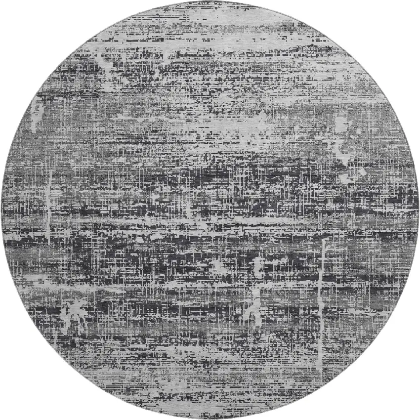 8' Black And Silver Abstract Washable Round Rug With UV Protection Photo 1