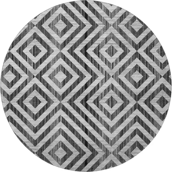 8' Black And Silver Geometric Washable Round Rug With UV Protection Photo 4