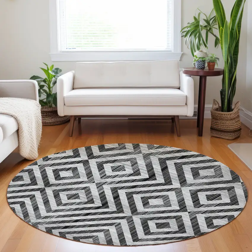 8' Black And Silver Geometric Washable Round Rug With UV Protection Photo 5