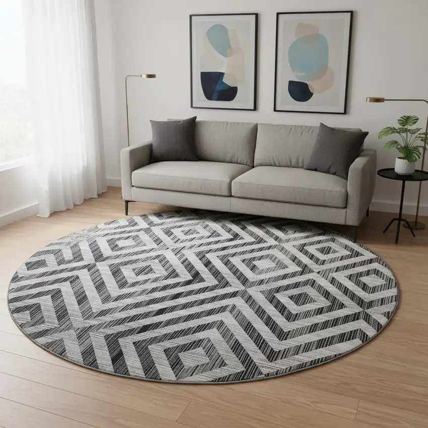 8' Black And Silver Geometric Washable Round Rug With UV Protection Photo 2