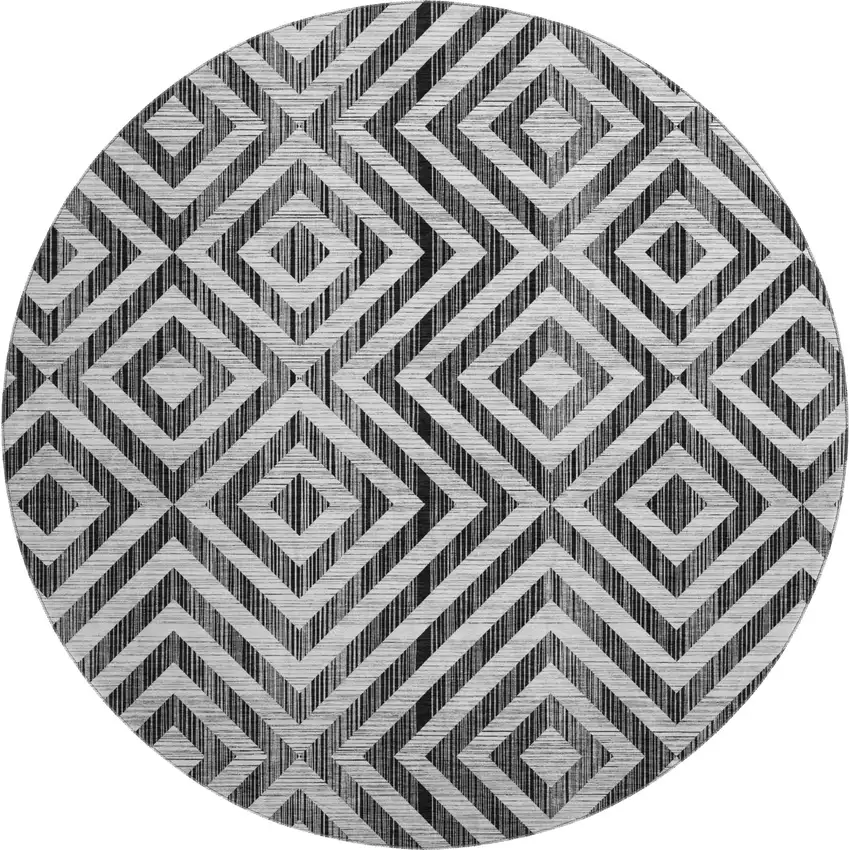 8' Black And Silver Geometric Washable Round Rug With UV Protection Photo 1