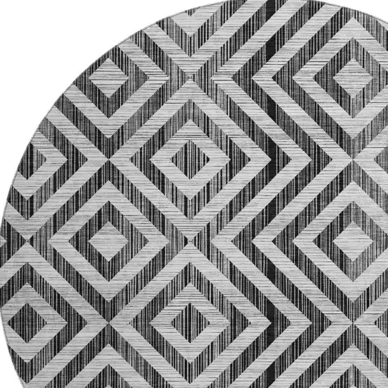 8' Black And Silver Geometric Washable Round Rug With UV Protection Photo 3