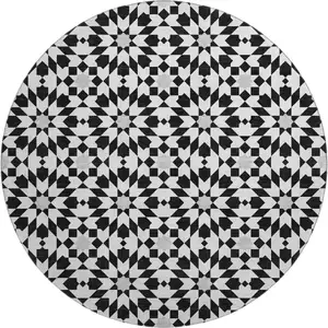 Photo of 8' Black And Silver Geometric Washable Round Rug With UV Protection