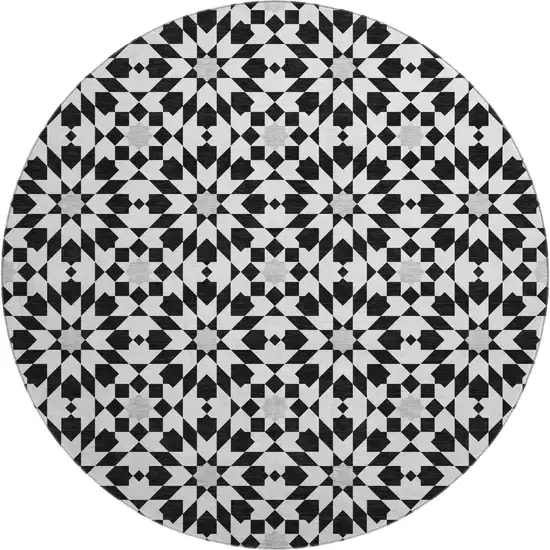8' Black And Silver Geometric Washable Round Rug With UV Protection Photo 1