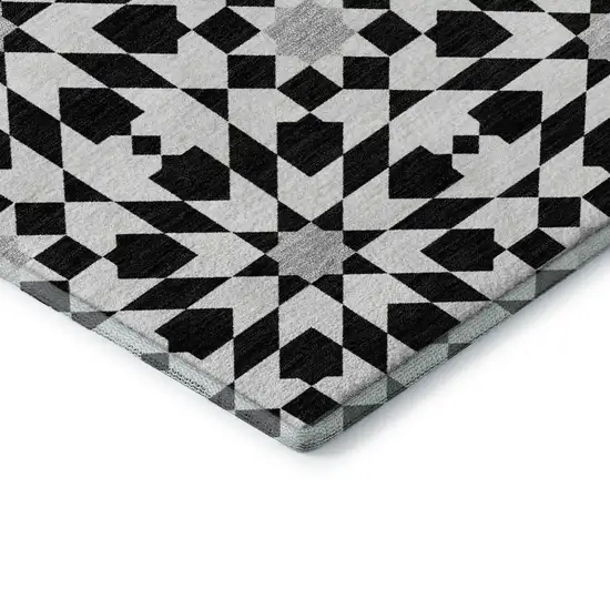 8' Black And Silver Geometric Washable Round Rug With UV Protection Photo 7