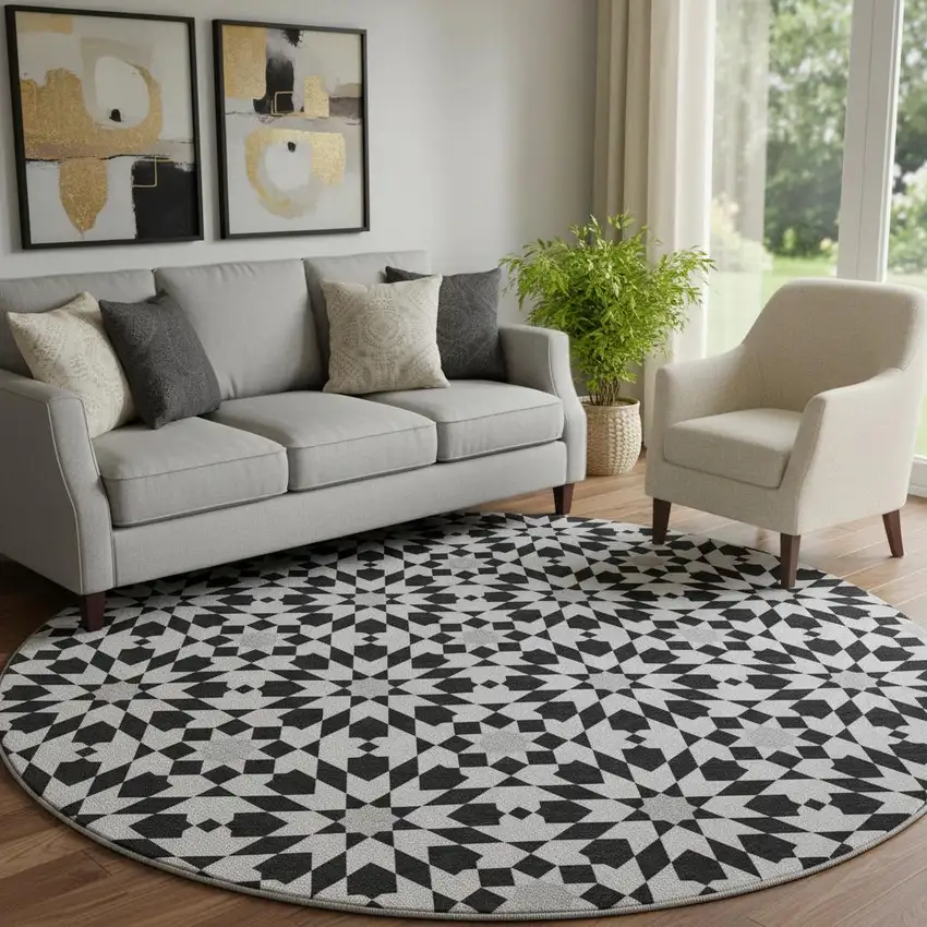 8' Black And Silver Geometric Washable Round Rug With UV Protection Photo 1