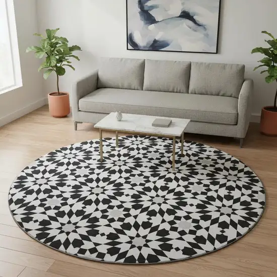 8' Black And Silver Geometric Washable Round Rug With UV Protection Photo 2