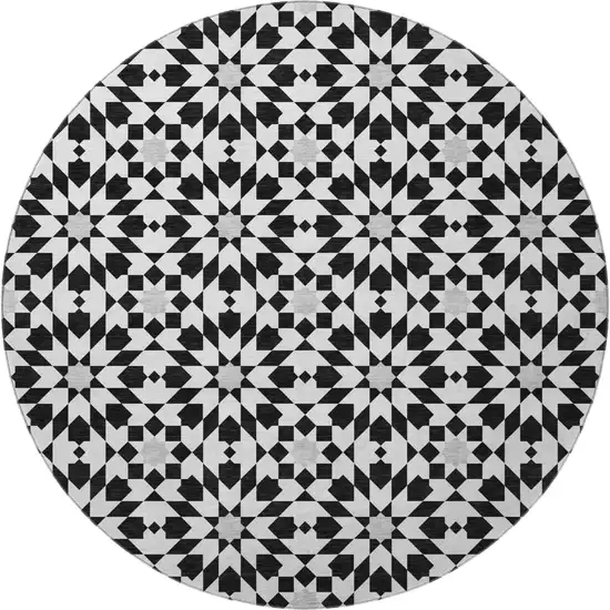 8' Black And Silver Geometric Washable Round Rug With UV Protection Photo 4