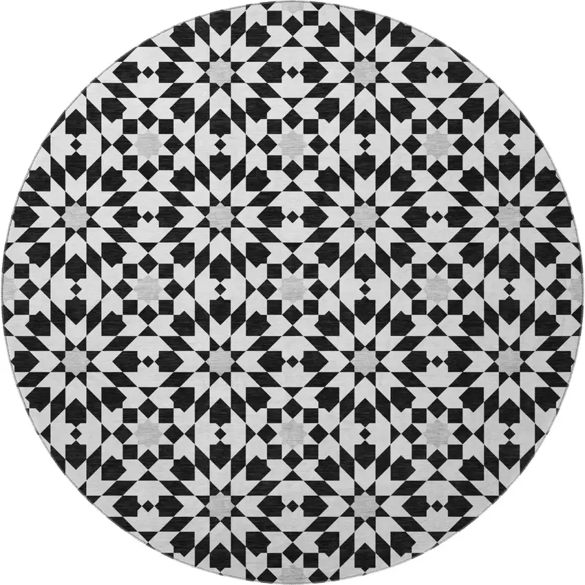 8' Black And Silver Geometric Washable Round Rug With UV Protection Photo 4