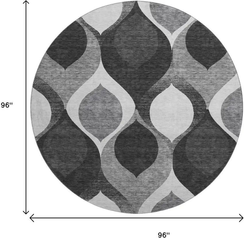 8' Black And Silver Ogee Washable Round Rug With UV Protection Photo 3