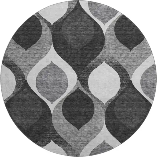 8' Black And Silver Ogee Washable Round Rug With UV Protection Photo 1