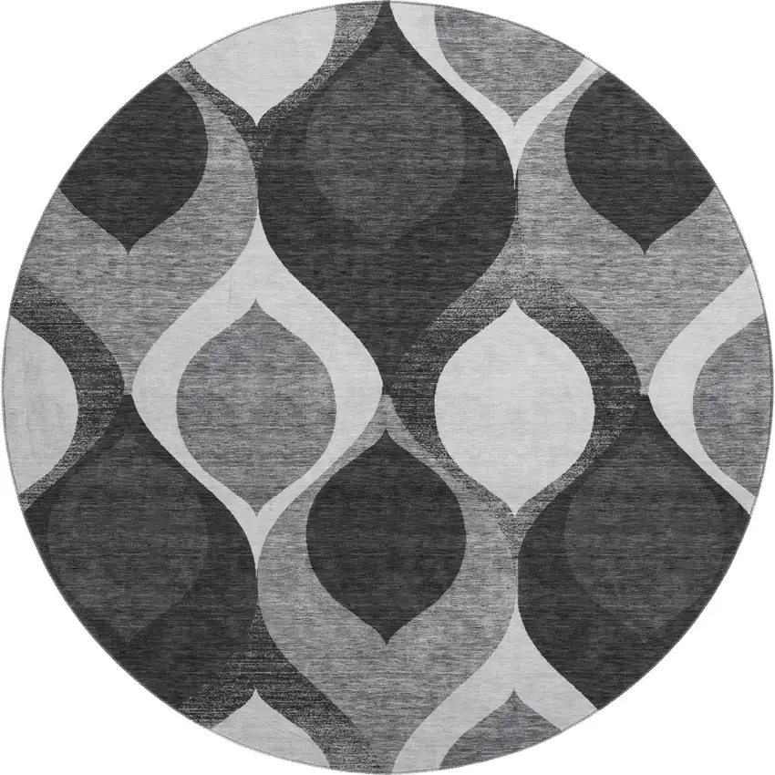 8' Black And Silver Ogee Washable Round Rug With UV Protection Photo 1