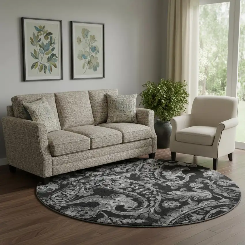 8' Black And Silver Paisley Washable Round Rug With UV Protection Photo 1