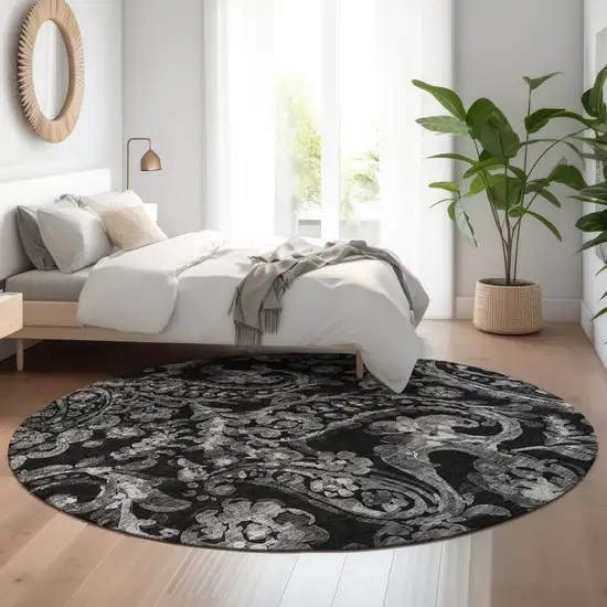 8' Black And Silver Paisley Washable Round Rug With UV Protection Photo 5