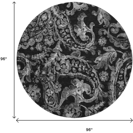 8' Black And Silver Paisley Washable Round Rug With UV Protection Photo 3