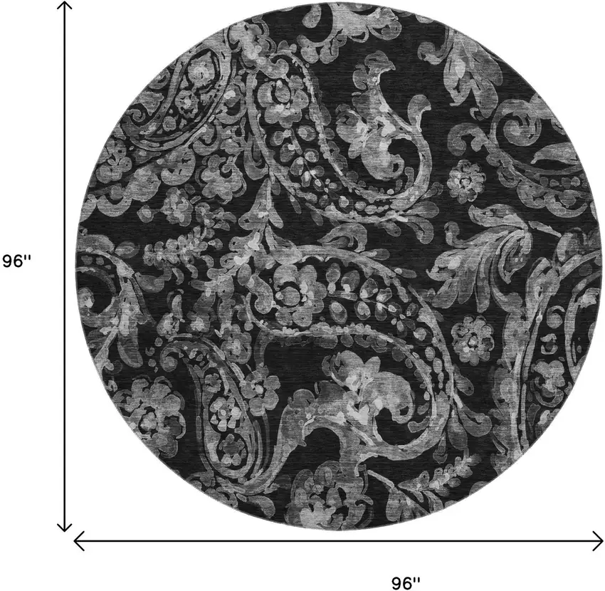 8' Black And Silver Paisley Washable Round Rug With UV Protection Photo 3
