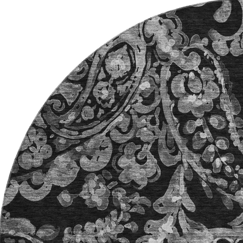 8' Black And Silver Paisley Washable Round Rug With UV Protection Photo 4