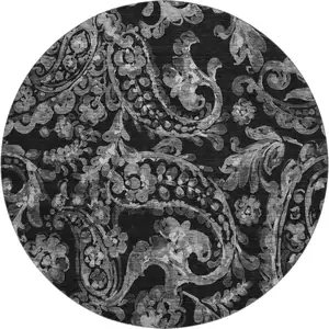 Photo of 8' Black And Silver Paisley Washable Round Rug With UV Protection