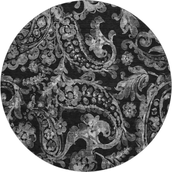 8' Black And Silver Paisley Washable Round Rug With UV Protection Photo 1