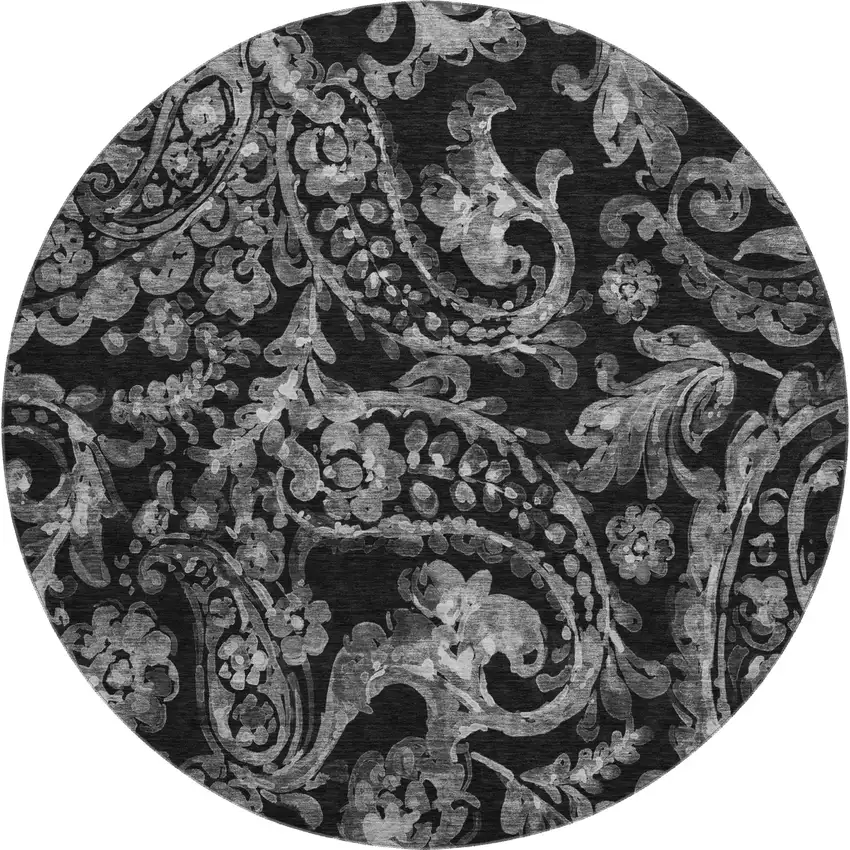 8' Black And Silver Paisley Washable Round Rug With UV Protection Photo 1